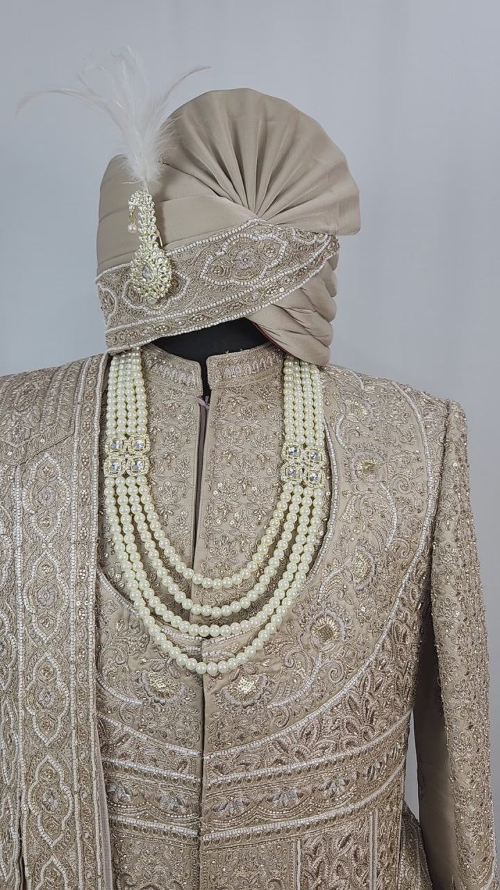 Golden Brown Groom Sherwani - Beads Studded Anarkali Kurta Style | Sherwani For Men