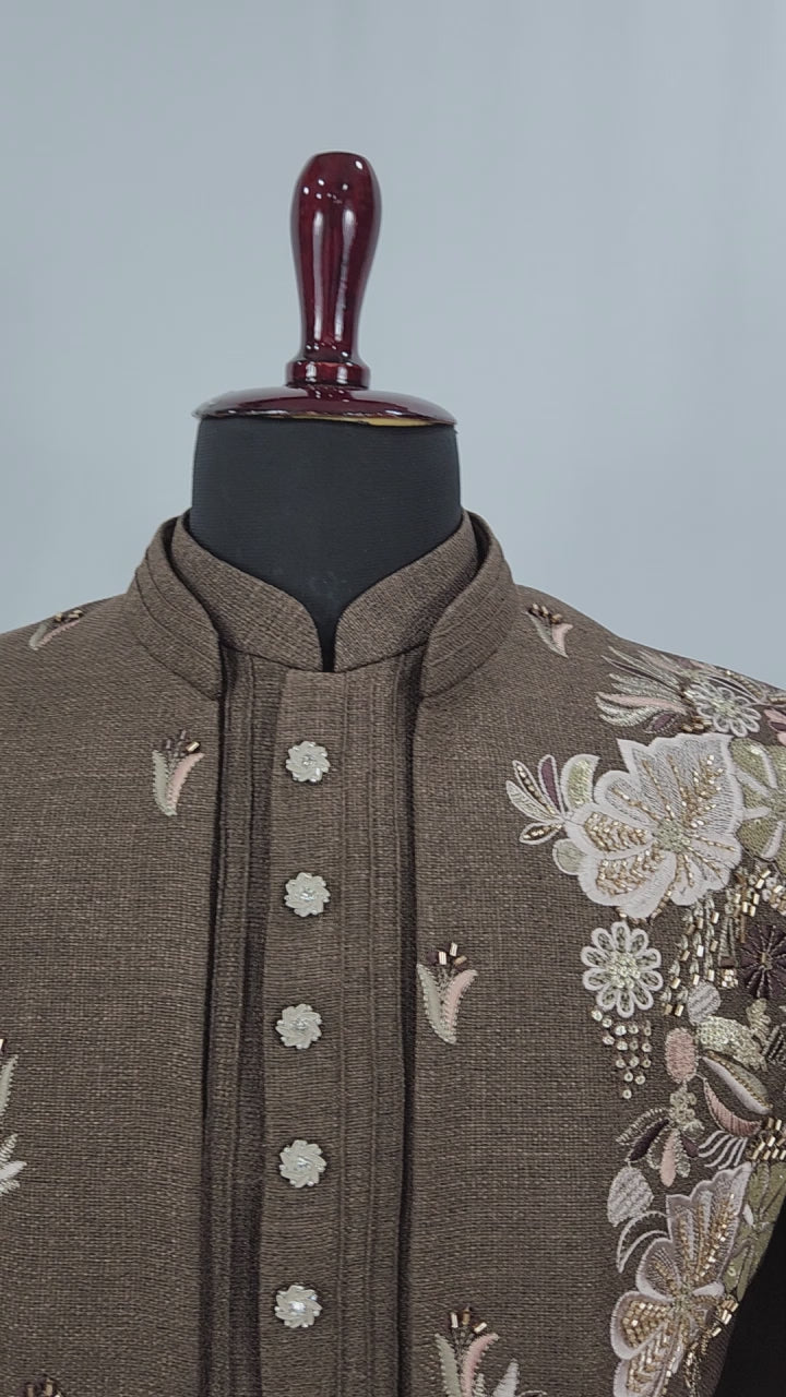Brown Indo-Western Sherwani for Men | Indian Groom Wedding Outfit