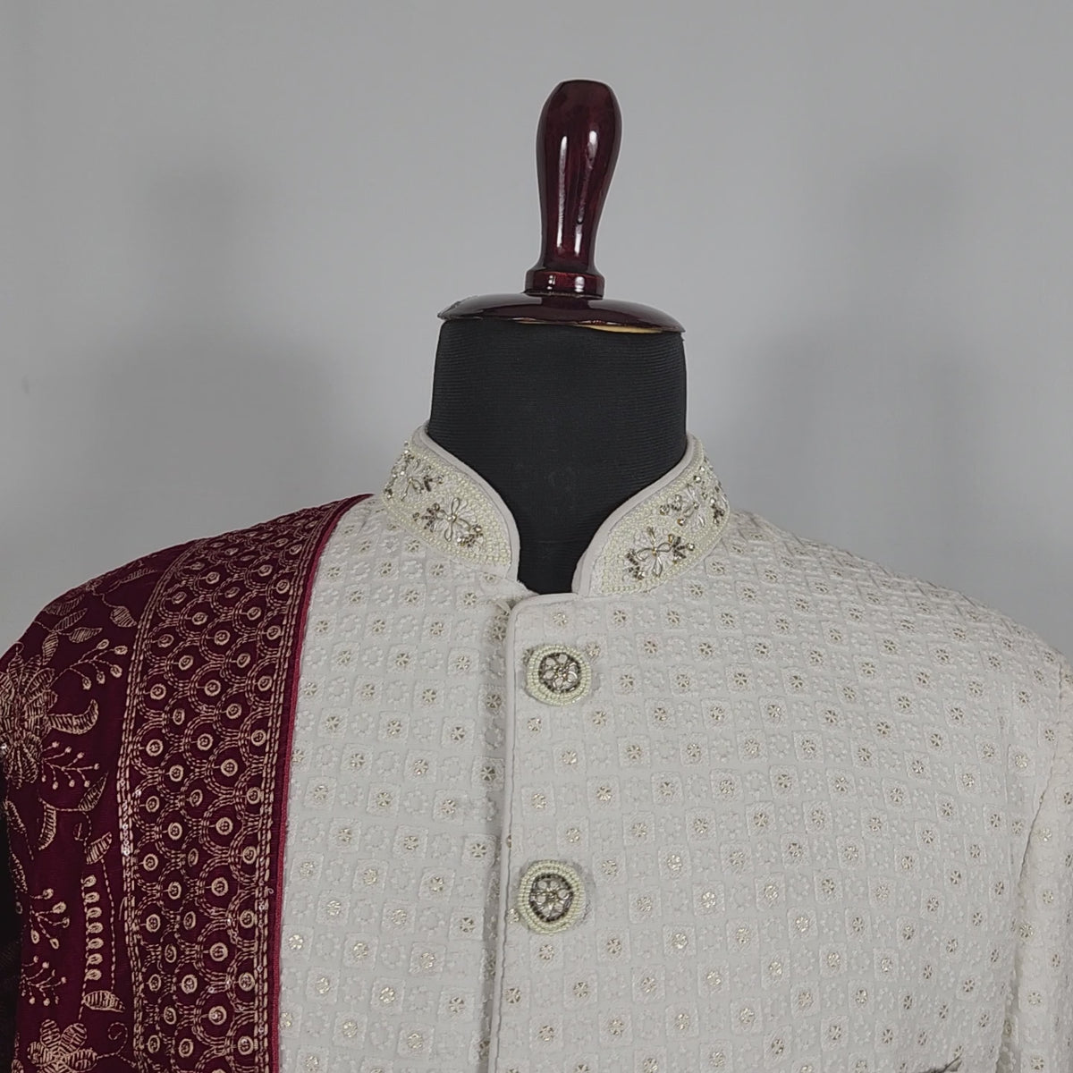 Red Groom Shawl - Embroidered Sherwani Stole with Golden Border