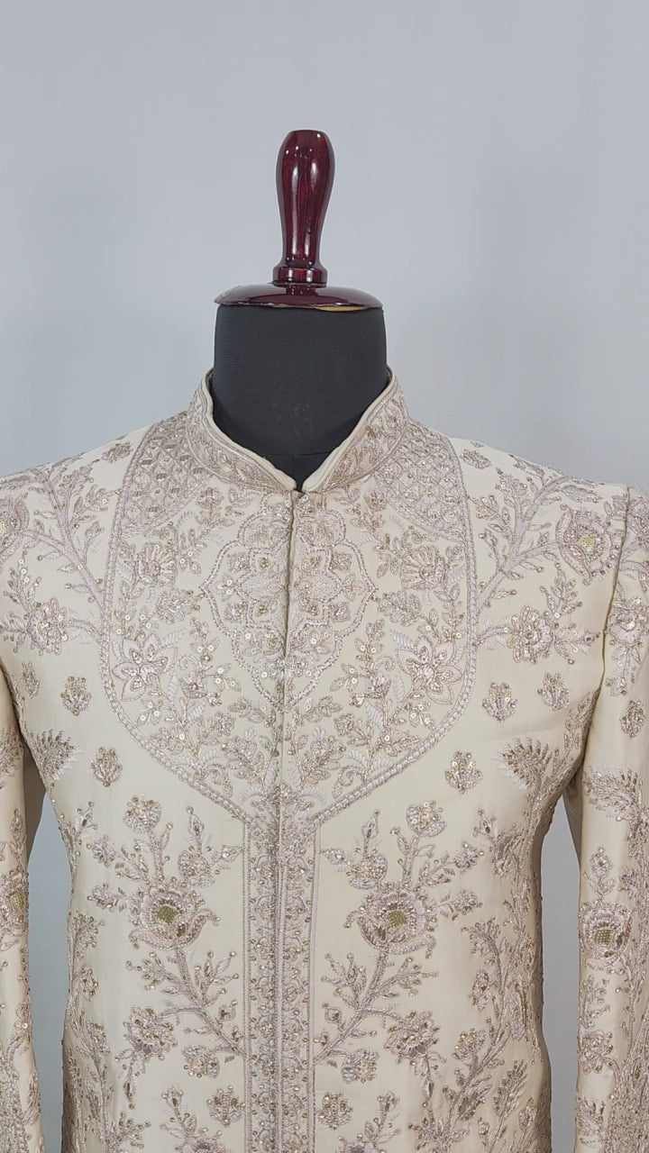 Champagne Golden Wedding Groom Sherwani - Diamond Zari Embroidery | Sherwani For Men