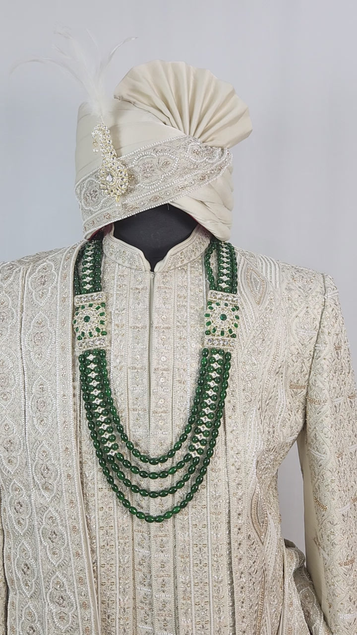 Champagne Golden Wedding Groom Sherwani - Beads Studded Triple Layered Design | Sherwani For Men