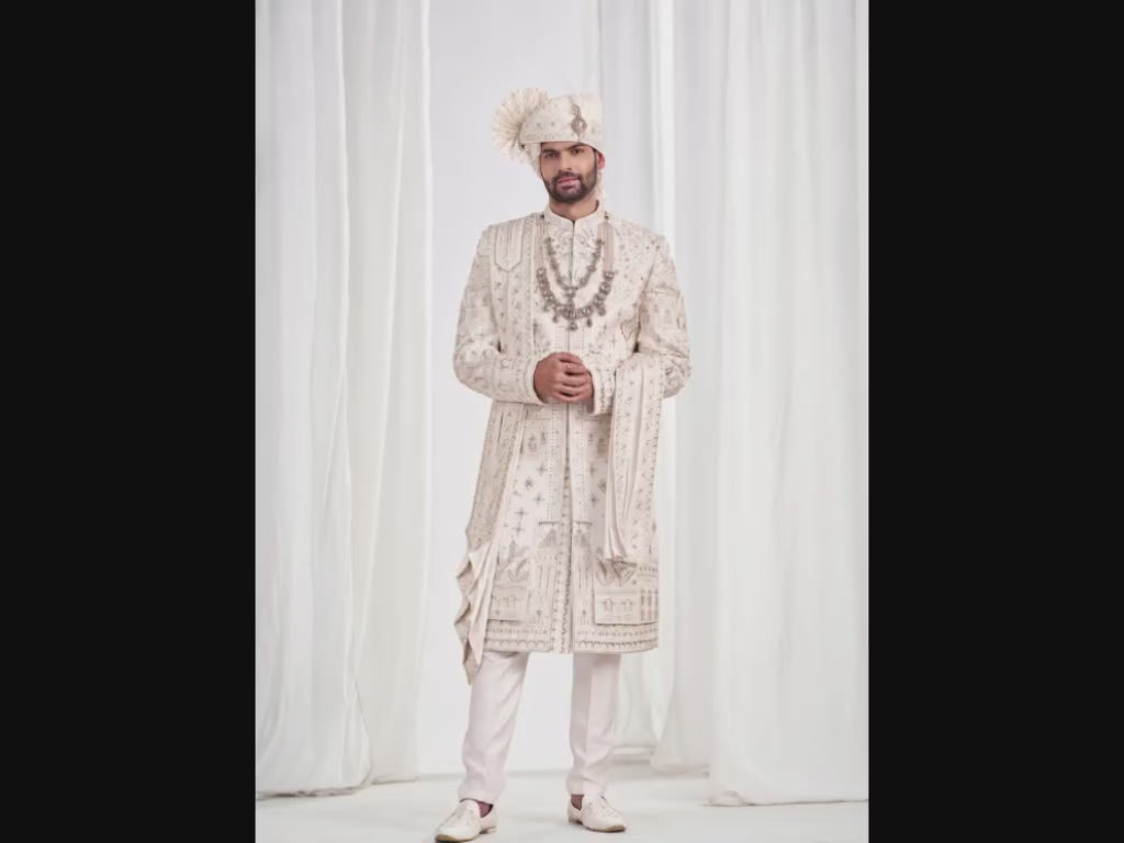 White Wedding Groom Sherwani - 2 Layer,  Inner Kurta Design | Sherwani For Men