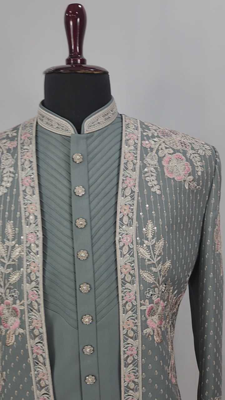 Teal Green Indo-Western Sherwani for Men | Indian Groom Wedding Outfit