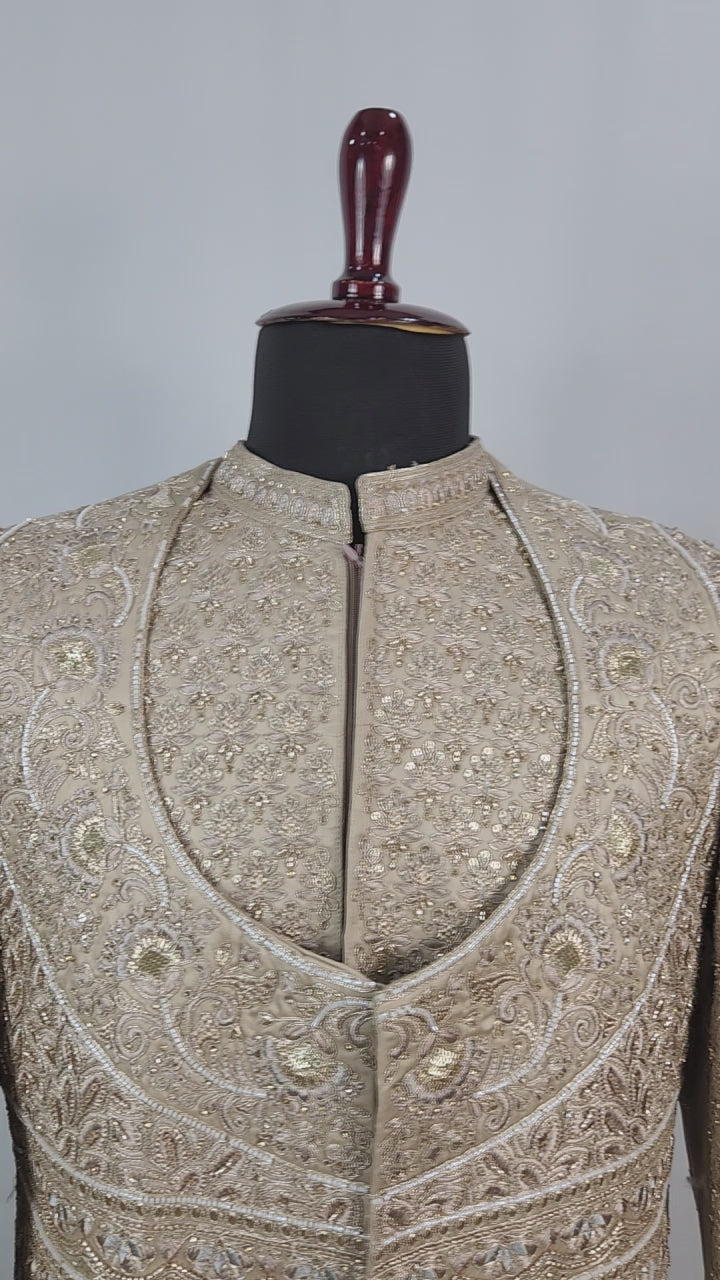Golden Brown Groom Sherwani - Beads Studded Anarkali Kurta Style | Sherwani For Men