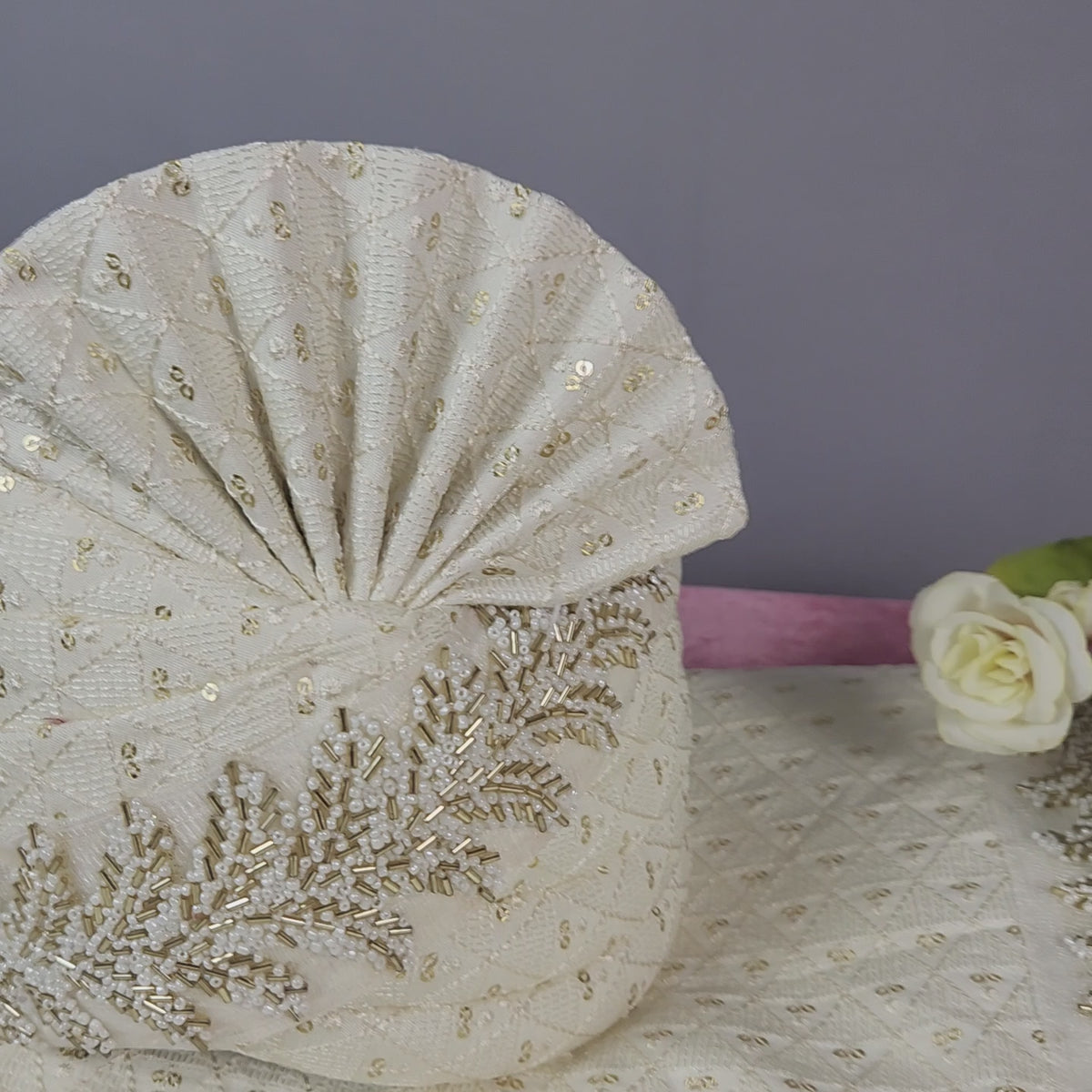 White Groom Turban Shawl With Beads Work | Dupatta Safa Set For Men