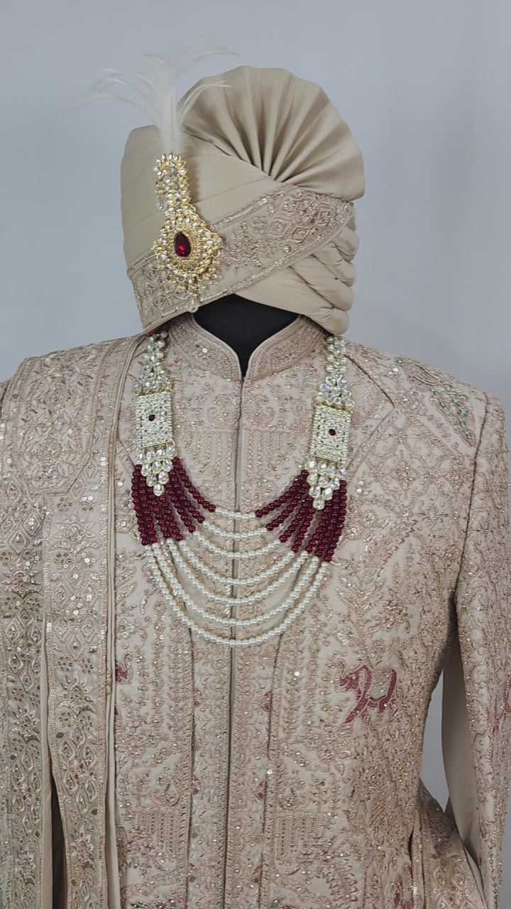 Champagne Golden Wedding Groom Sherwani - Layered Elephant Peacock Design  | Sherwani For Men