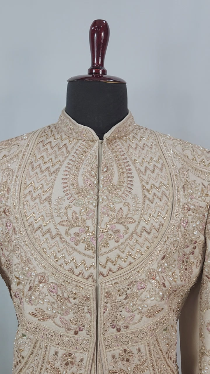 Champagne Golden Wedding Groom Sherwani - Layered Embroidery Design  | Sherwani For Men