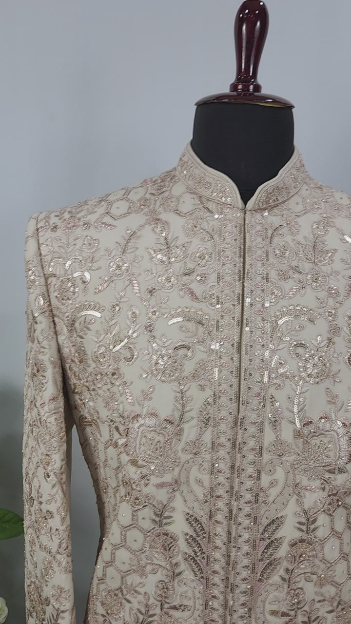 Champagne Golden Wedding Groom Sherwani - Diamond Zari Embroidery | Sherwani For Men