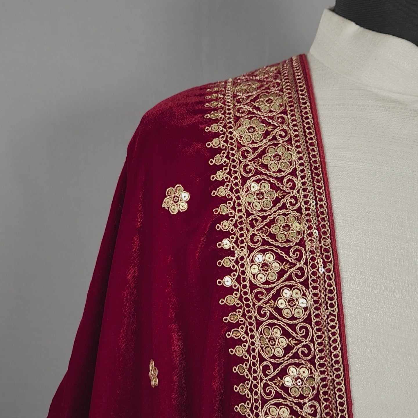 Red Groom Shawl - Golden Sequin Red Stole