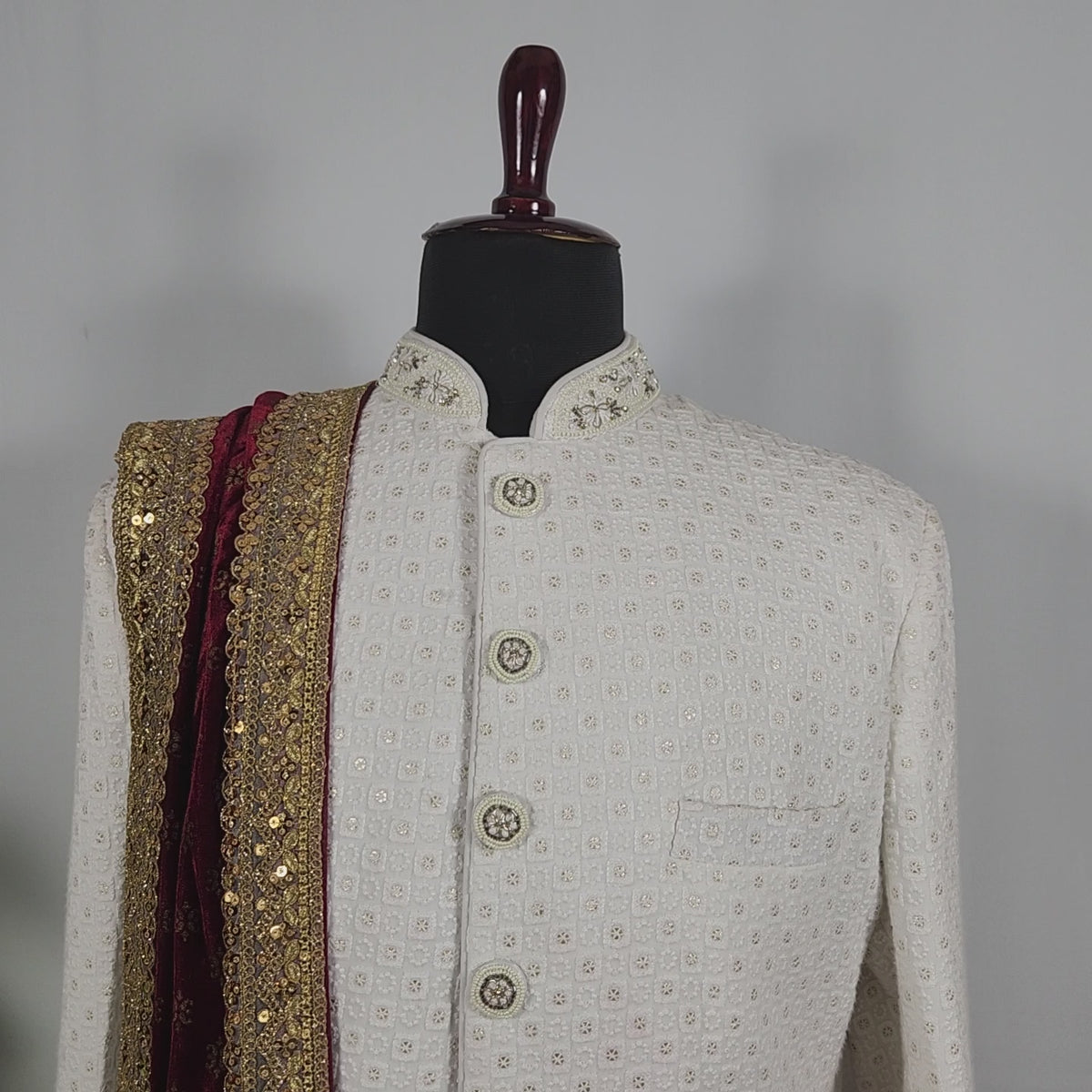 Red Groom Shawl - Embroidered Sherwani Stole with Golden Border