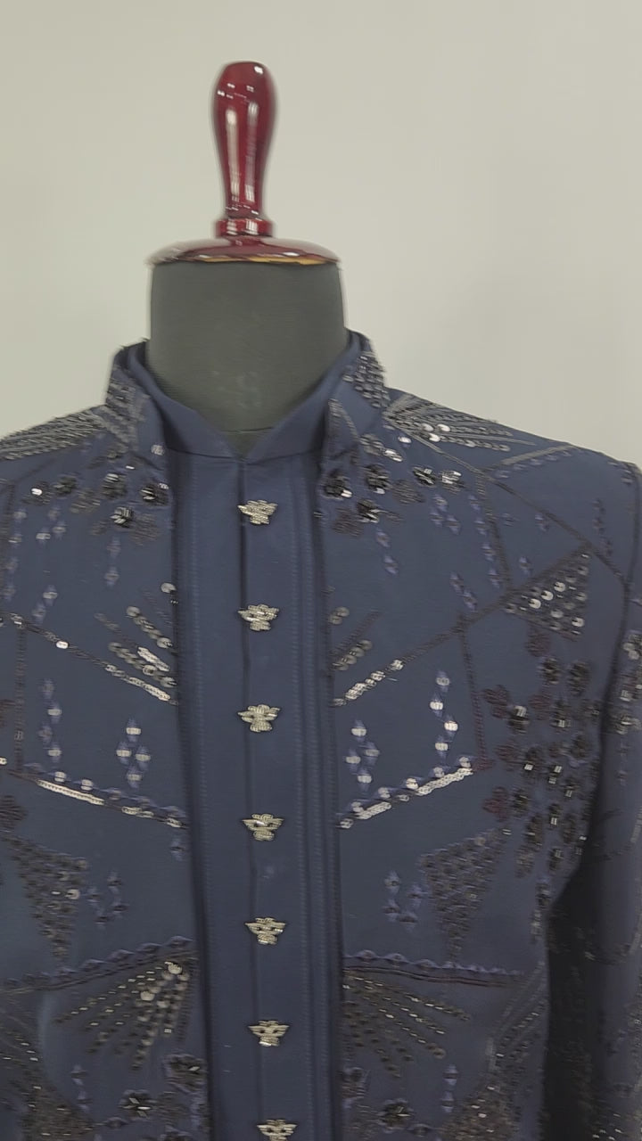 Blue Indo-Western Sherwani for Men | Indian Groom Wedding Outfit