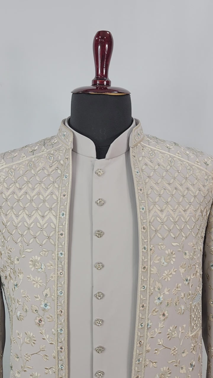 Gray Indo-Western Sherwani for Men | Indian Groom Wedding Outfit