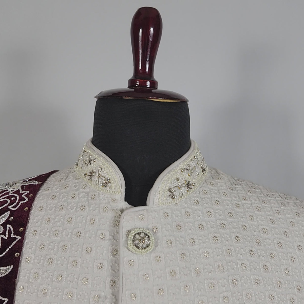 Red Groom Shawl - Embroidered White Thread Handmade