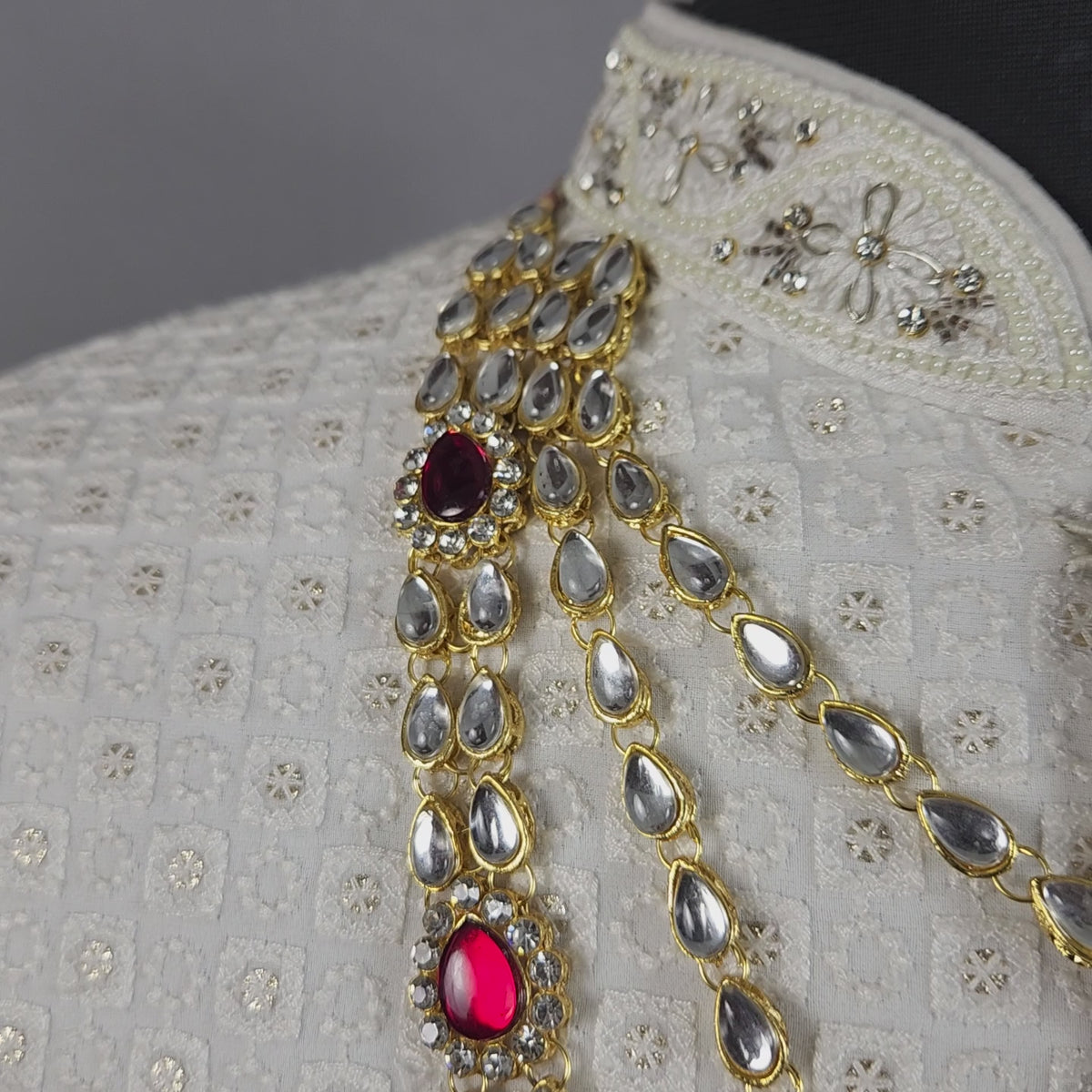 Golden Red Diamond Necklace Groom | Wedding Mala For Sherwani