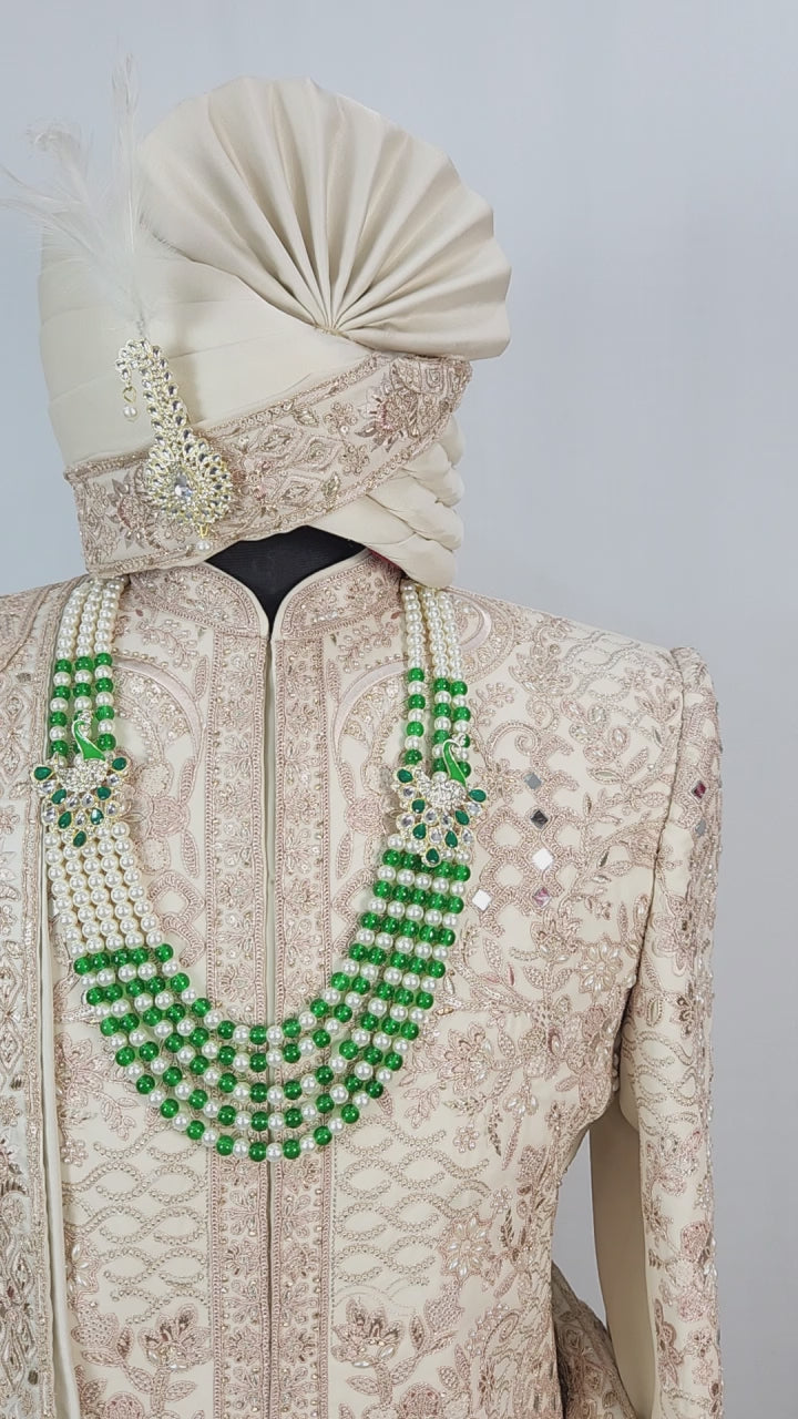 Light Golden Groom Sherwani - Mirror Work Design | Sherwani For Men