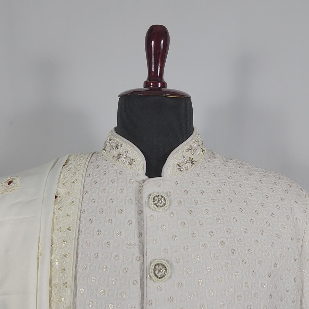 White Wedding Shawl for Groom - Embroidered Sherwani Stole with Red Touch