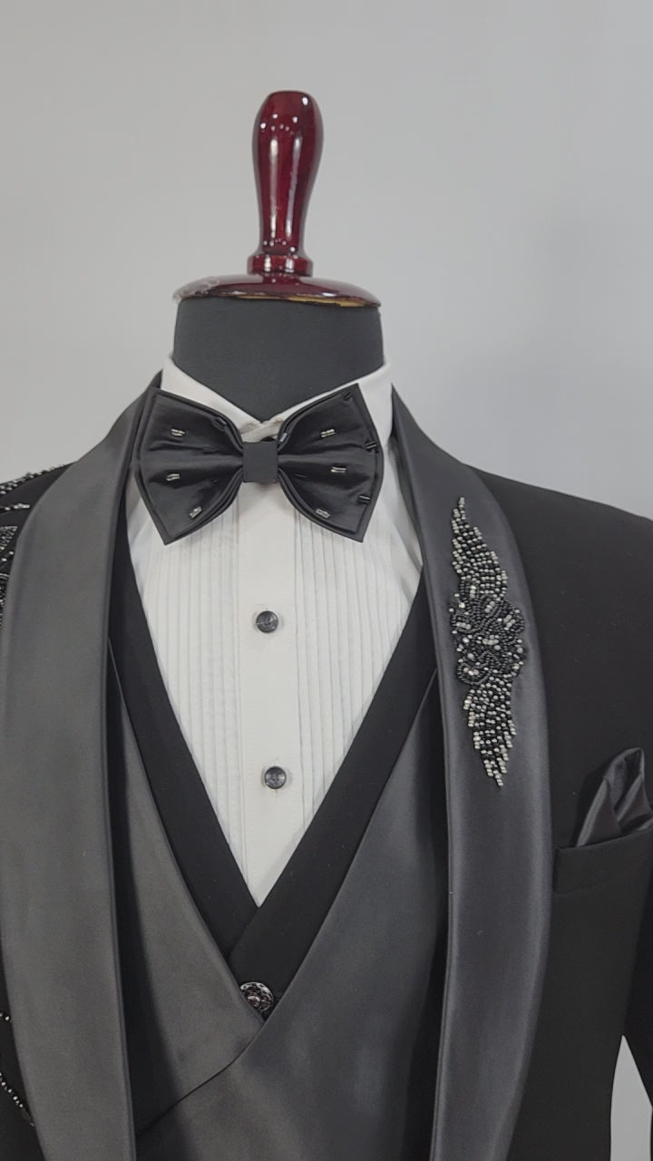 Beads Studed Men's Black Tuxedo Suit for Wedding | Indian Groom Reception Outfit