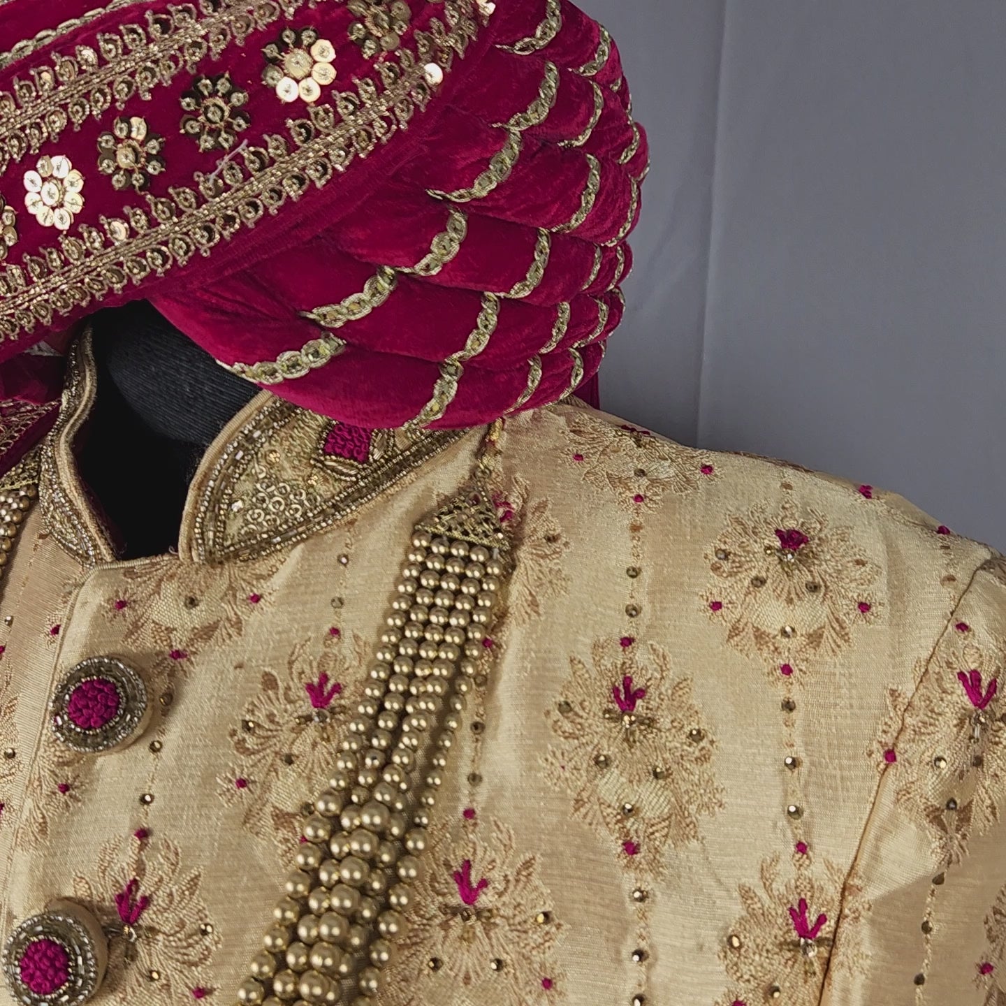 Golden Wedding Groom Sherwani with Magenta Silk Accent 