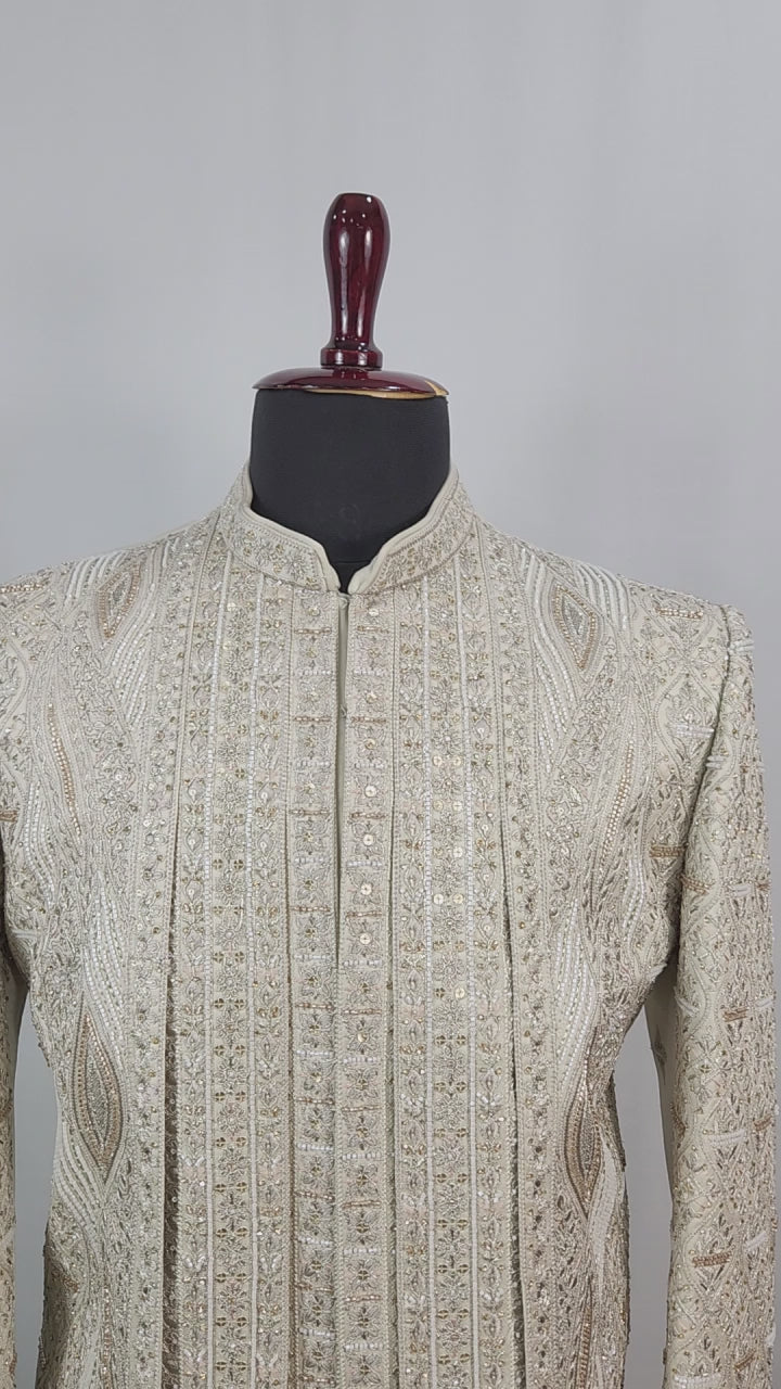 Champagne Golden Wedding Groom Sherwani - Beads Studded Triple Layered Design | Sherwani For Men
