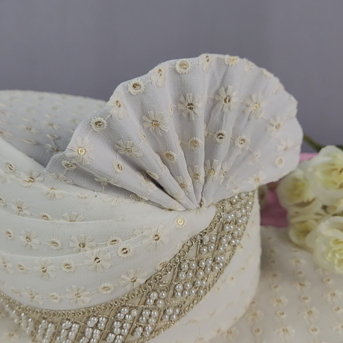 White Groom Turban Shawl With Pearl Work | Dupatta Safa Set For Men