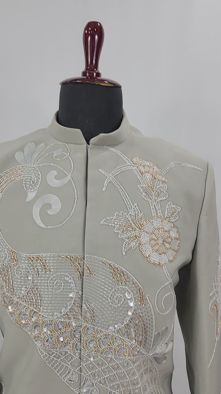 Grayish Green Wedding Groom Sherwani - Diamond Studded Work | Sherwani For Men