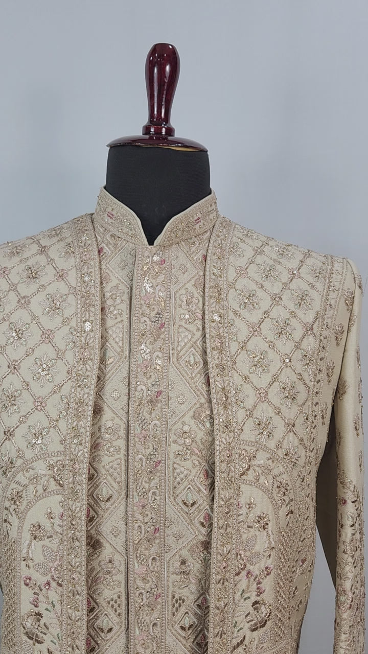 Light Golden Groom Sherwani - Peacock & Elephant Design | Sherwani For Men