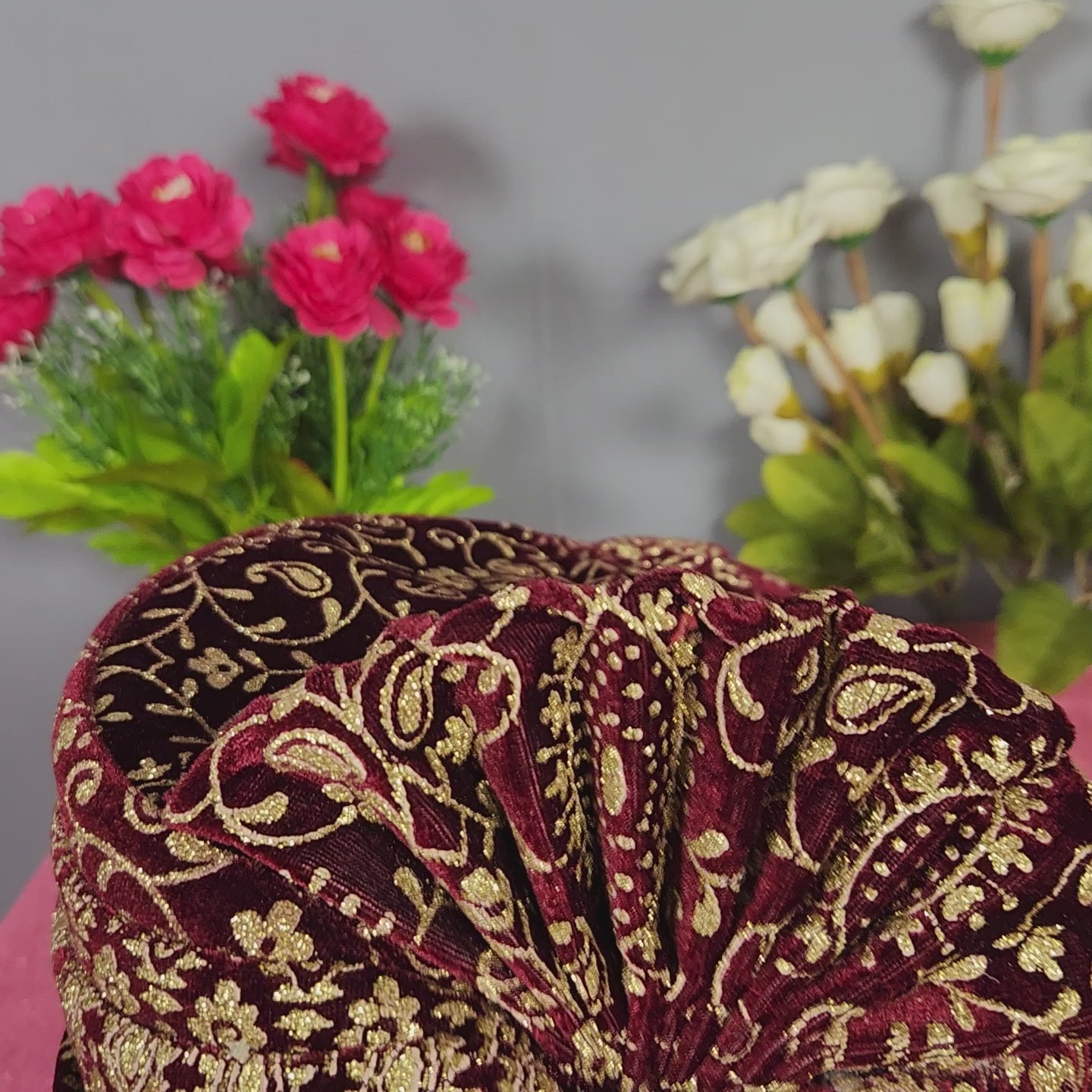 Red Groom Turban With Gold Print 