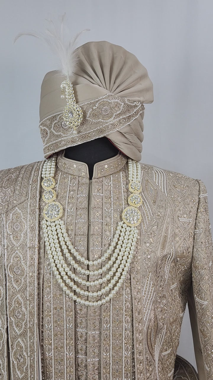 Golden Brown Groom Sherwani - Beads Studded Triple Layered Style | Sherwani For Men