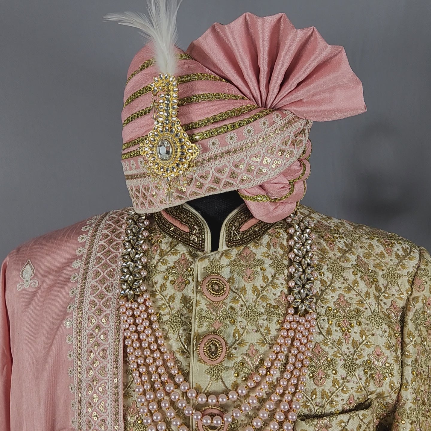 Golden Wedding Groom Sherwani with Peach Accent and Beads 