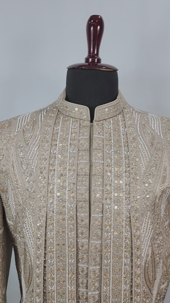 Golden Brown Groom Sherwani - Beads Studded Triple Layered Style | Sherwani For Men