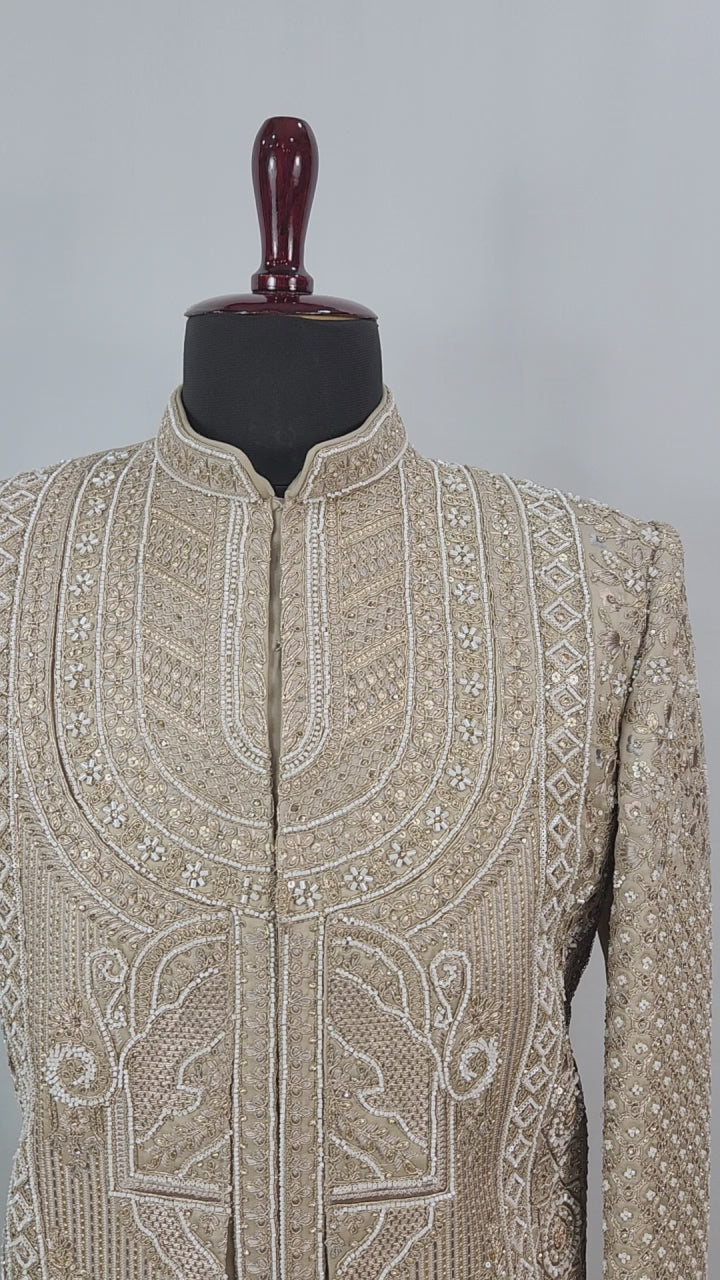 Golden Brown Groom Sherwani - Beads Studded Layered Style | Sherwani For Men
