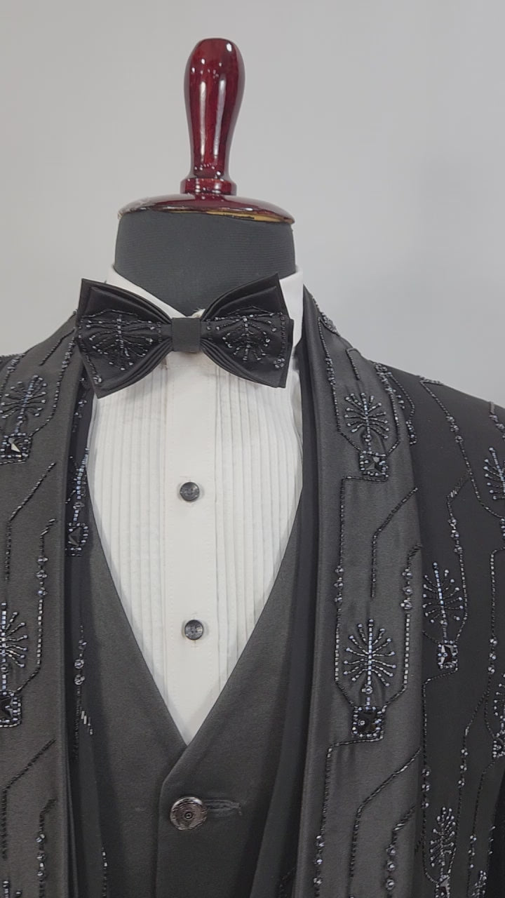 Beads Studed Men's Black Tuxedo Suit for Wedding | Indian Groom Reception Outfit