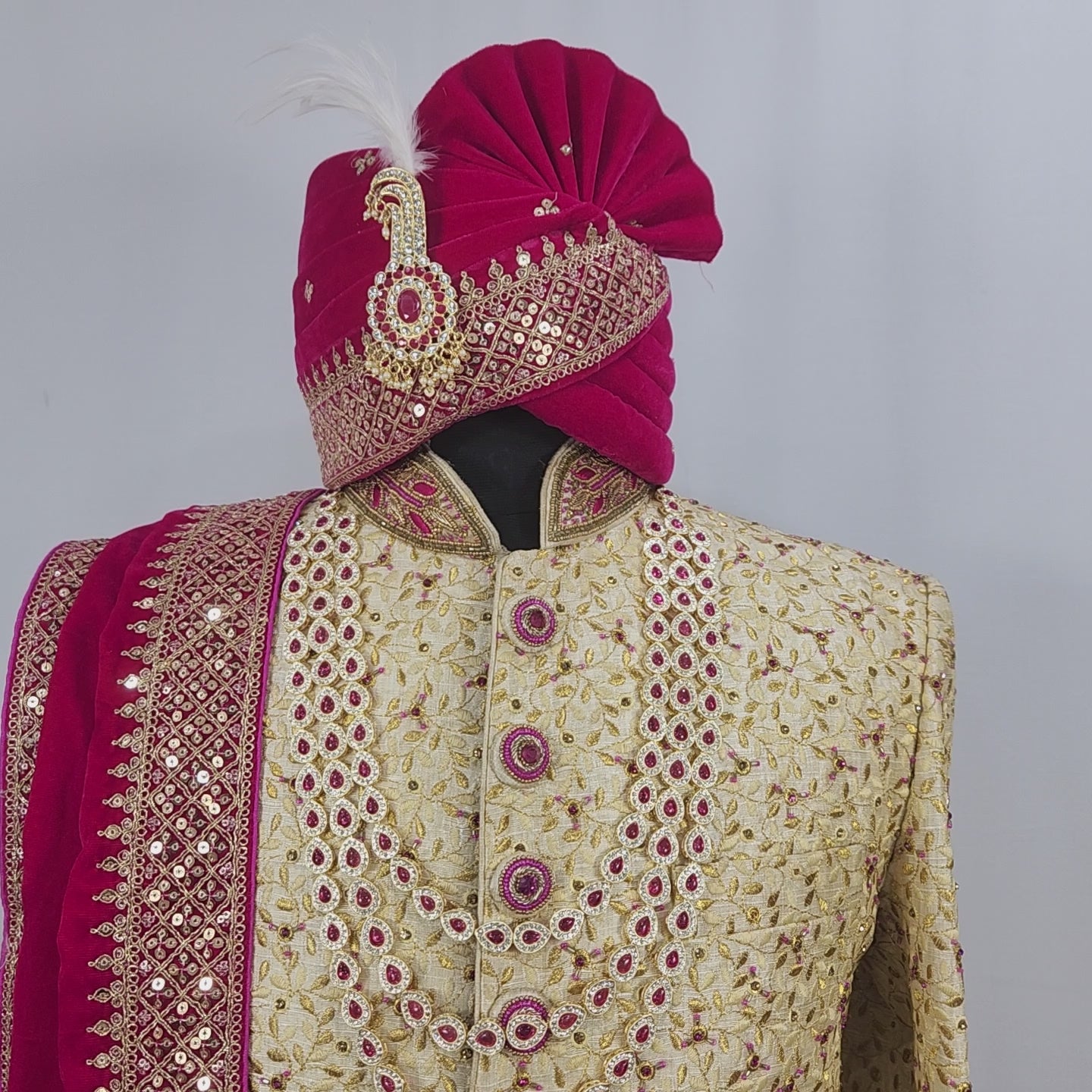 Golden Wedding Groom Sherwani - Magenta Beads and Zarkan | Sherwani For Men