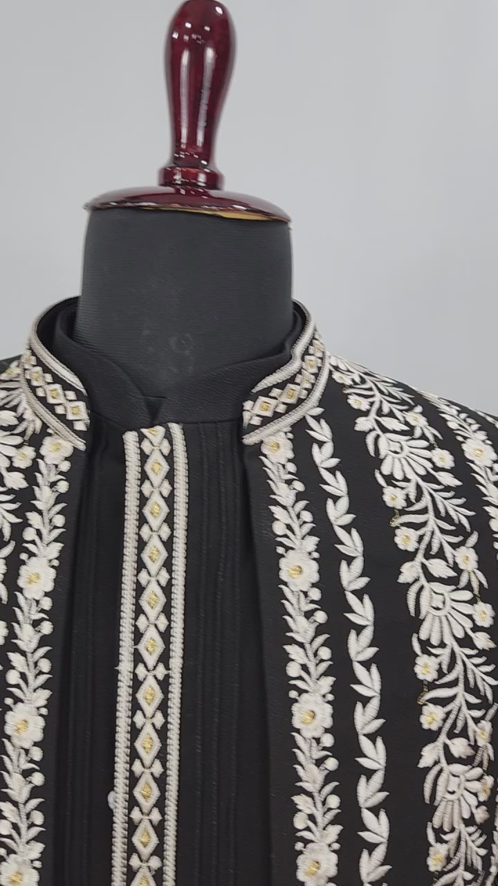 Black Indo-Western Sherwani with Shawl for Men | Indian Groom Wedding Outfit