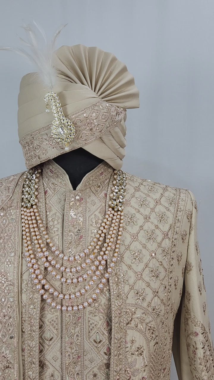 Light Golden Groom Sherwani - Peacock & Elephant Design | Sherwani For Men