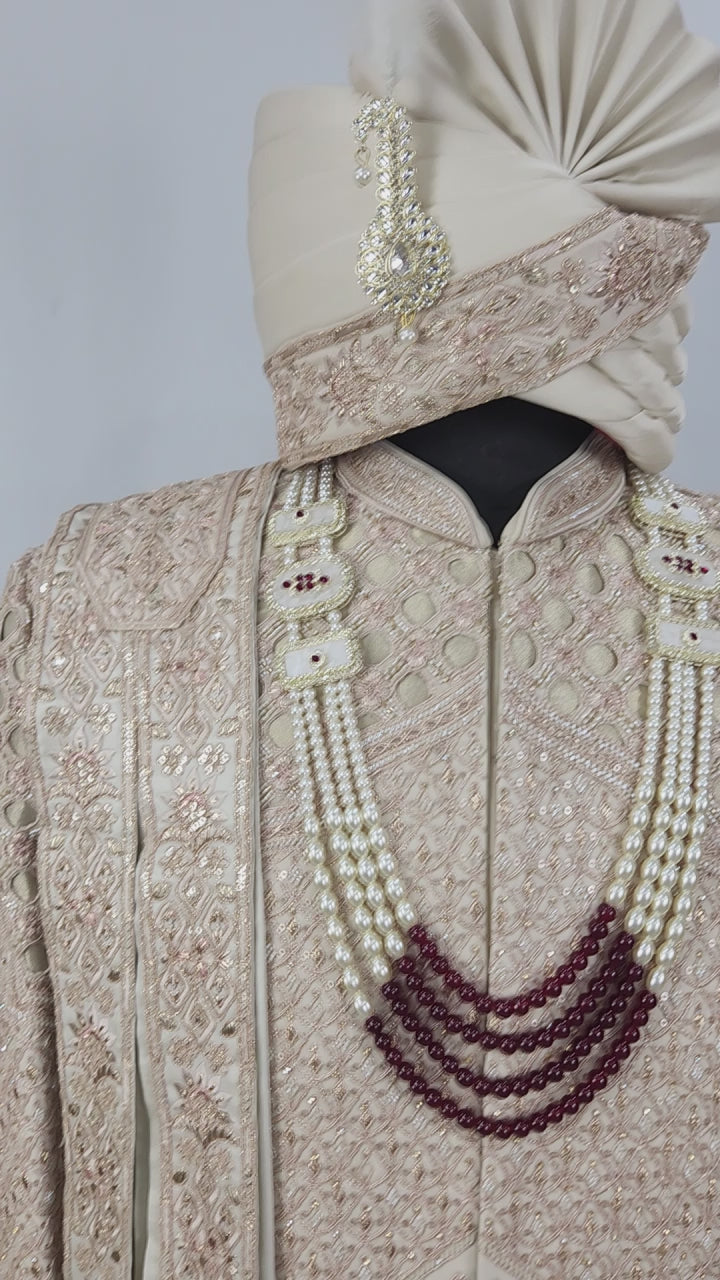 Champagne Golden Wedding Groom Sherwani - Laser Cut Design  | Sherwani For Men
