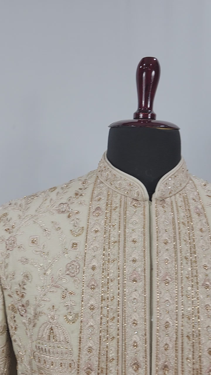 Champagne Golden Wedding Groom Sherwani - Layered Design  | Sherwani For Men