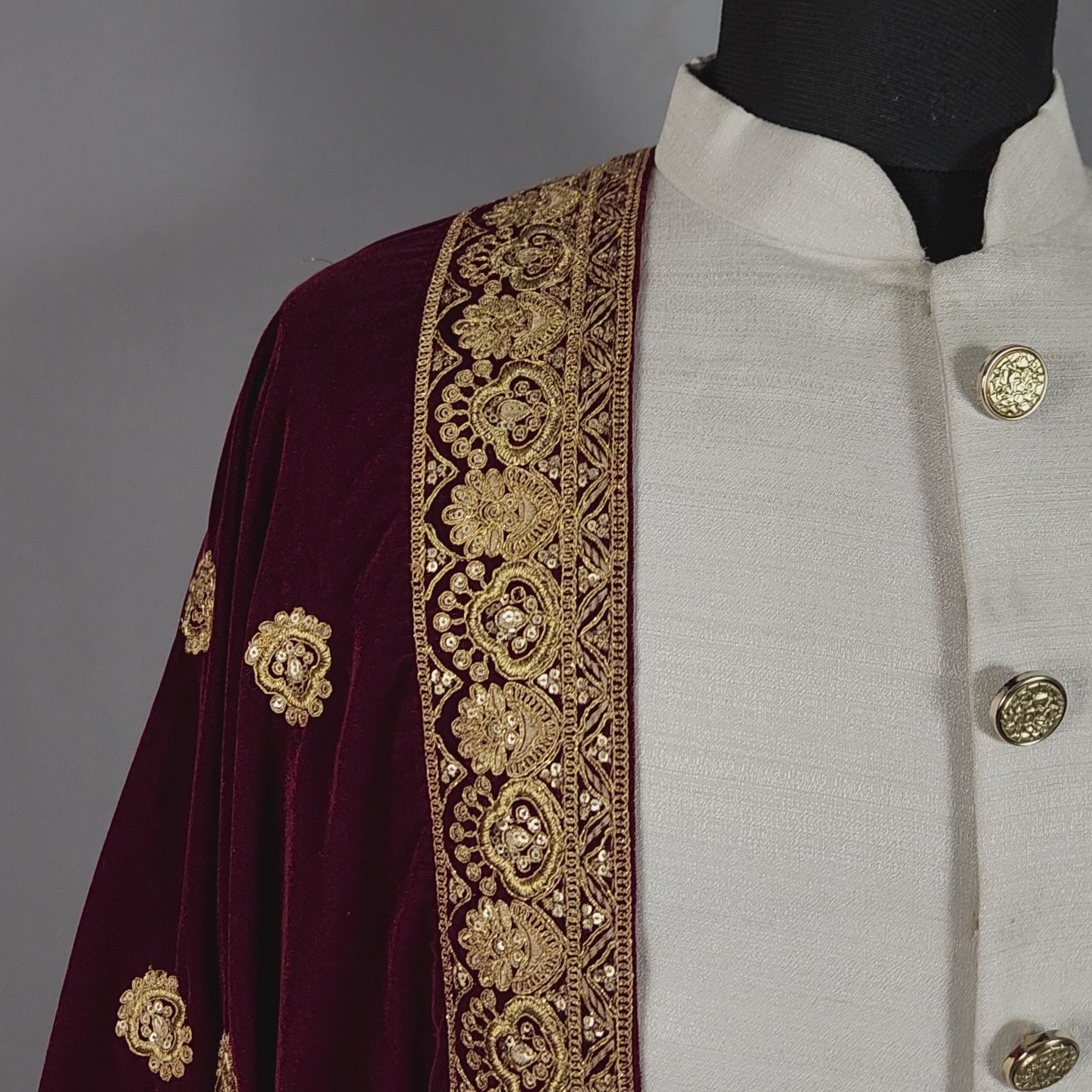 Red Velvet Groom Shawl - Gold Embroidered Wedding Sherwani Stole 