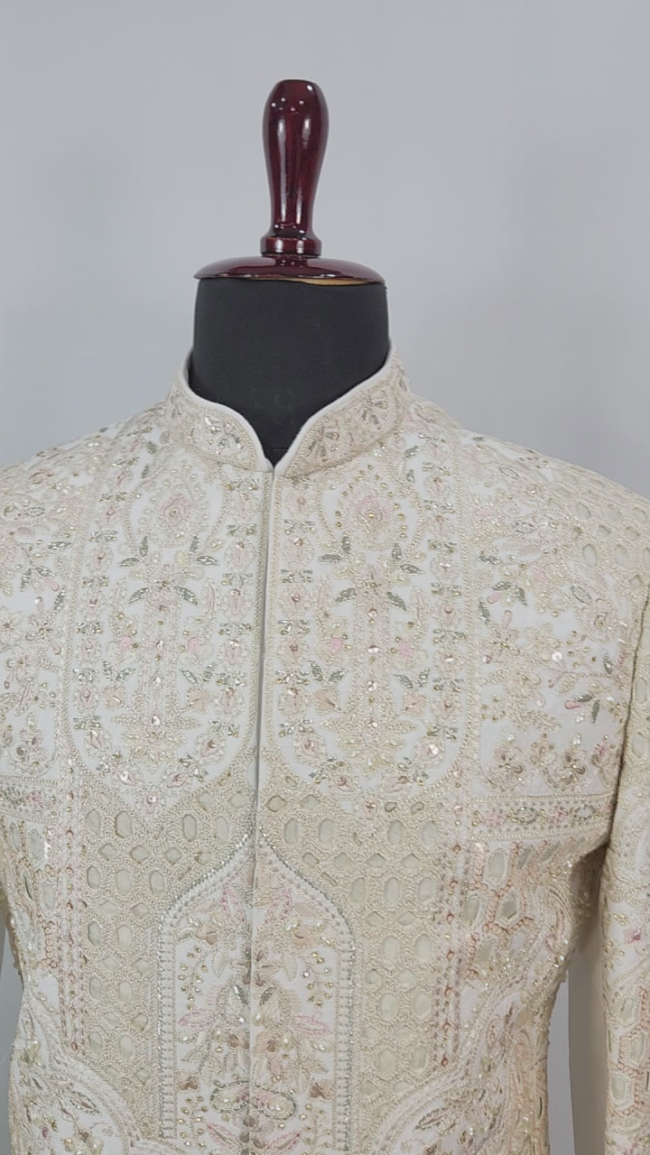 White Wedding Groom Sherwani - Laser Cut Work | Sherwani For Men