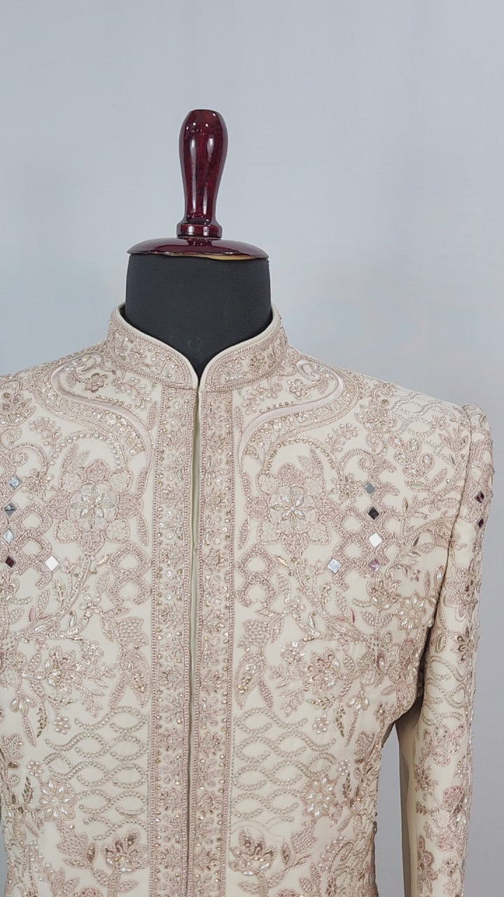 Light Golden Groom Sherwani - Mirror Work Design | Sherwani For Men