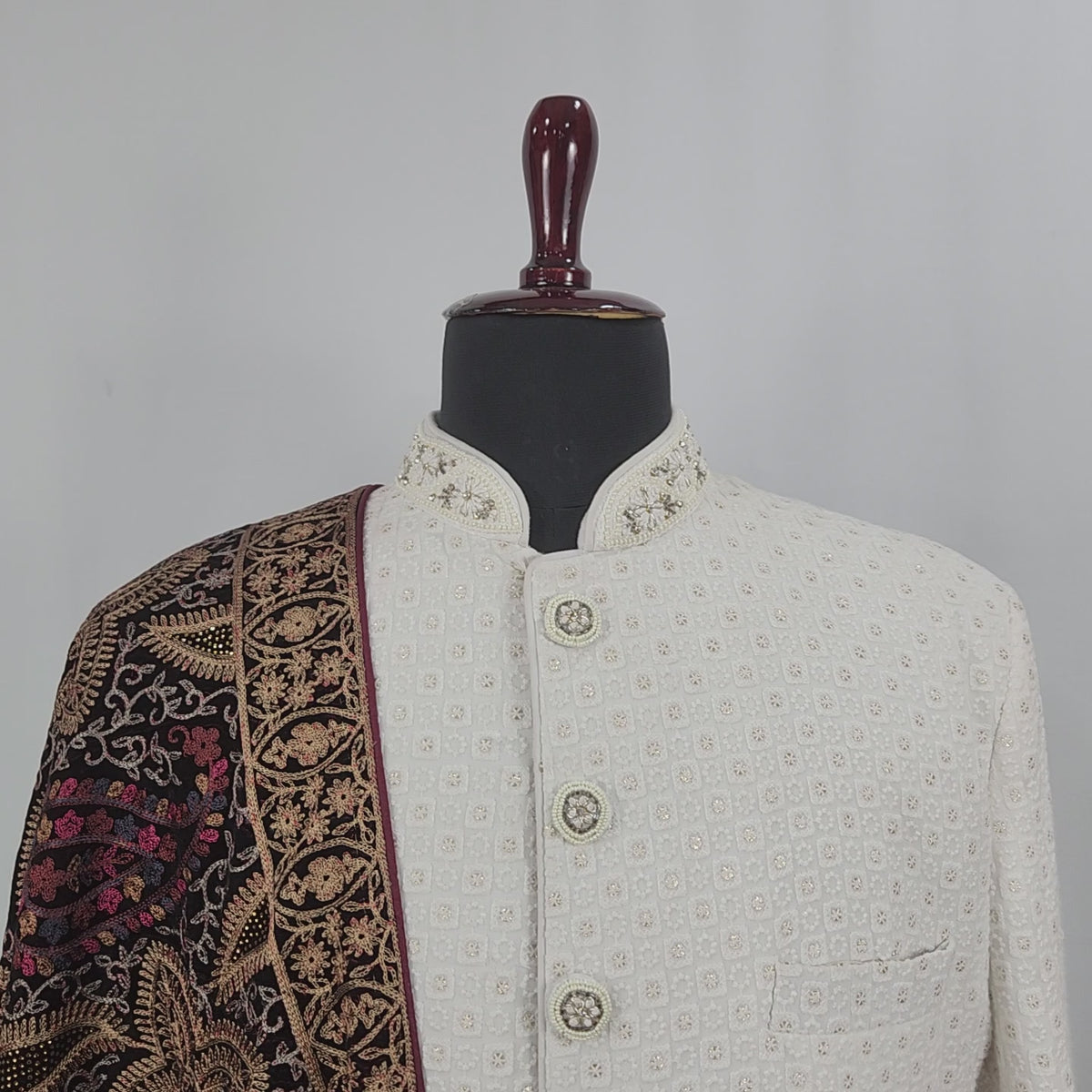 Maroon Groom Shawl - Multi Color Embroidery | Stole For Men