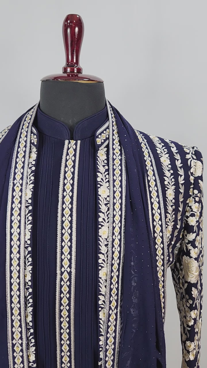 Blue Jodhpuri Suit With Shawl for Wedding – Zardozi Work | Indian Groom Outfit