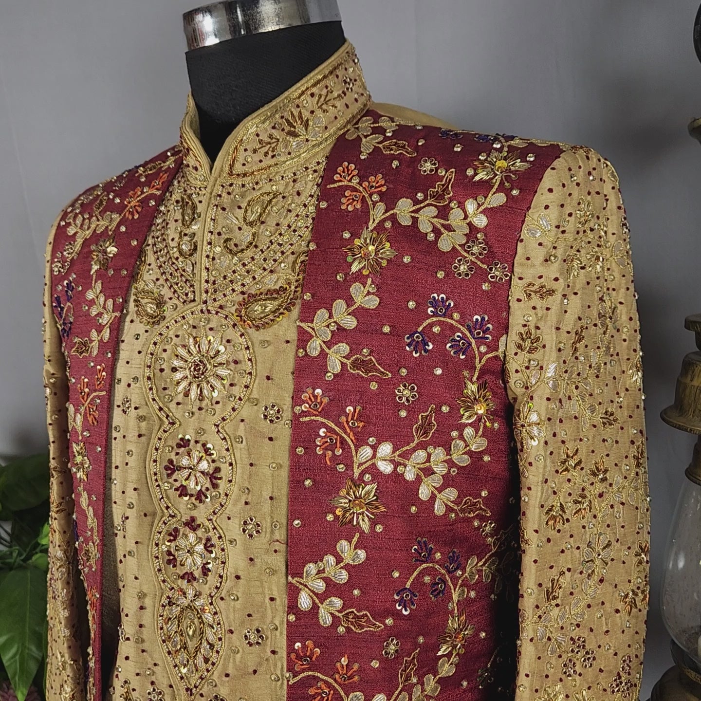 Golden Wedding Groom Sherwani with red Layered jacket 
