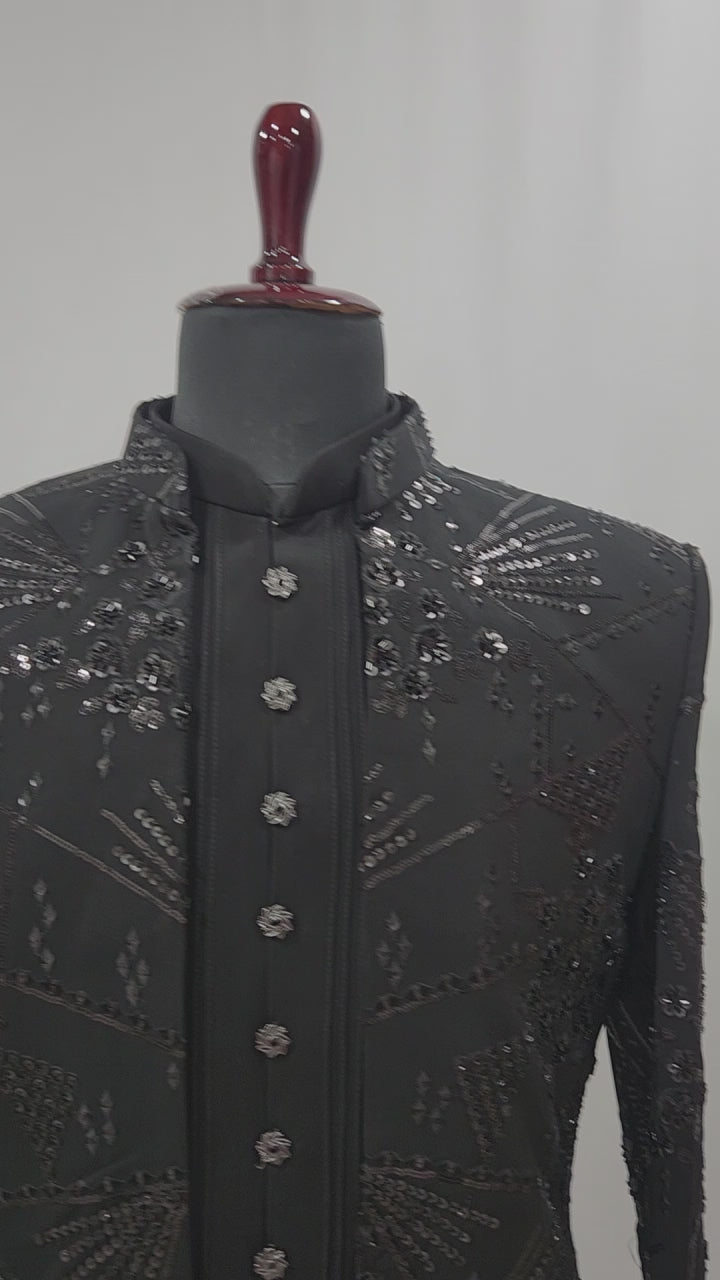 Black Indo-Western Sherwani with Shawl for Men | Indian Groom Wedding Outfit