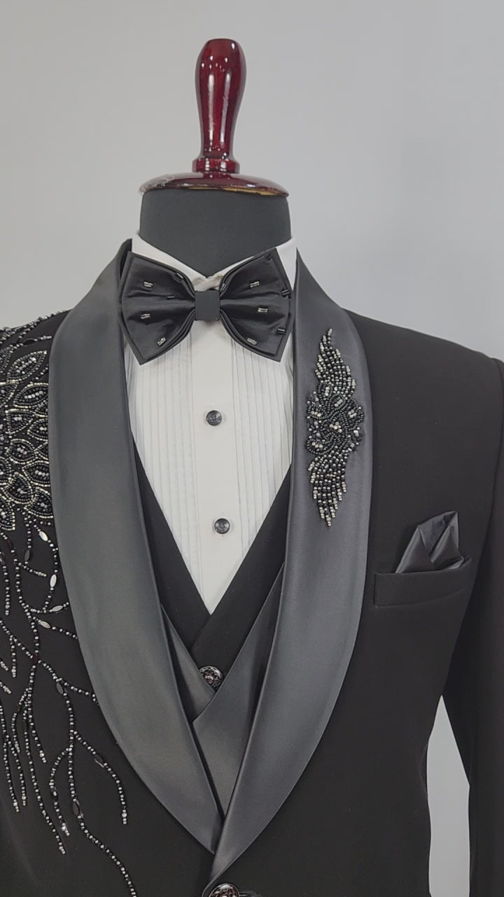 Beads Studed Men's Black Tuxedo Suit for Wedding | Indian Groom Reception Outfit