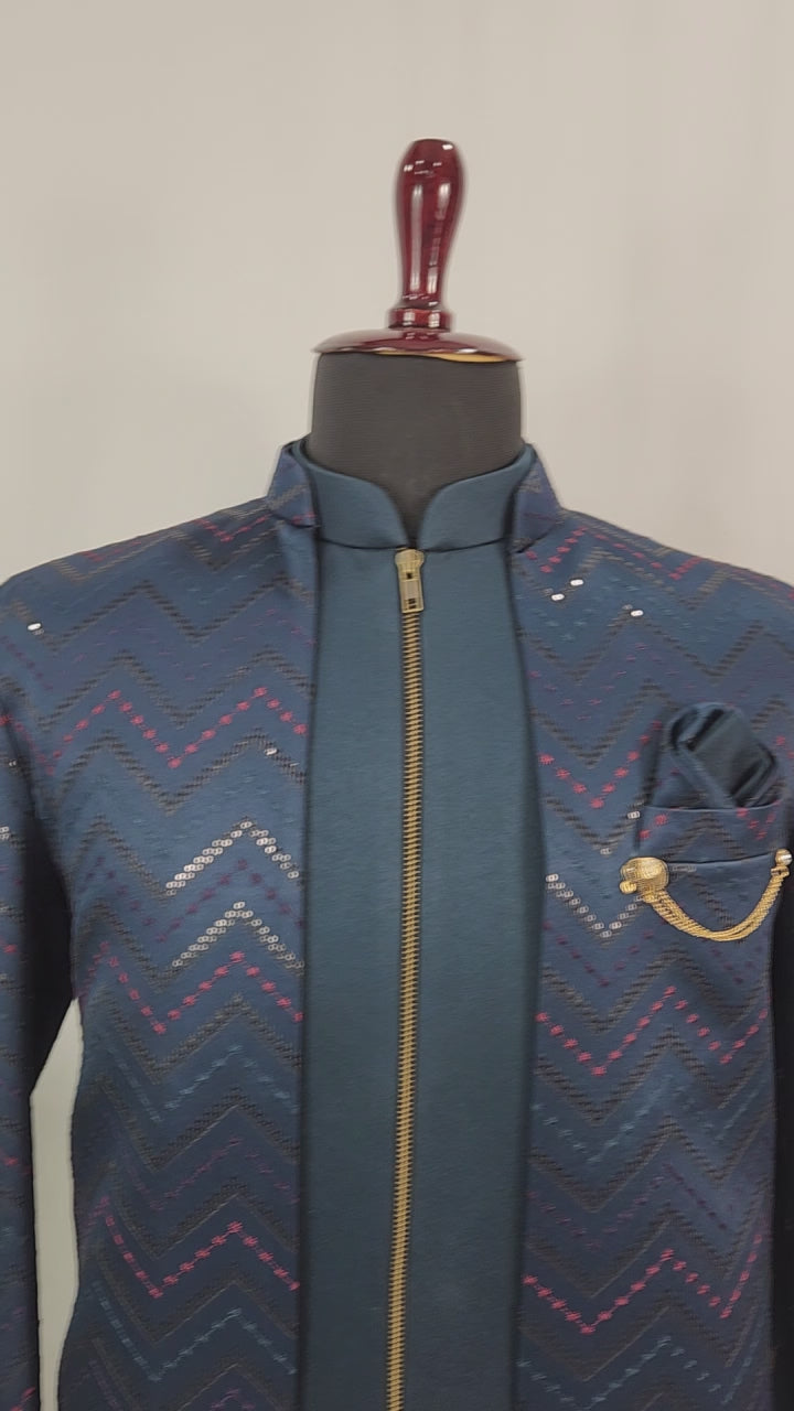 Blue Indo-Western Sherwani for Men | Indian Groom Wedding Outfit