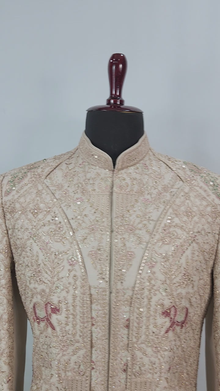 Champagne Golden Wedding Groom Sherwani - Layered Elephant Peacock Design  | Sherwani For Men