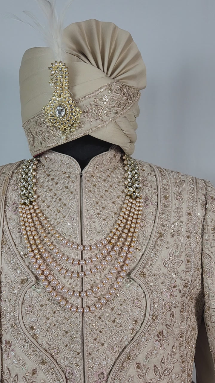Champagne Golden Wedding Groom Sherwani - Triple Layered Kurta Design  | Sherwani For Men