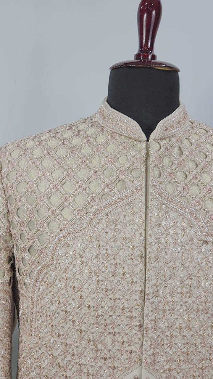 Champagne Golden Wedding Groom Sherwani - Laser Cut Design  | Sherwani For Men