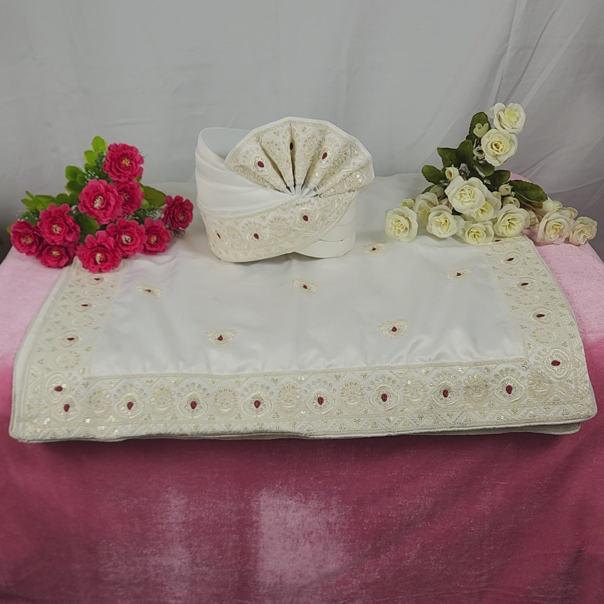 Off White Groom Turban Shawl With Red Touch Up Work | Dupatta Safa Set For Men